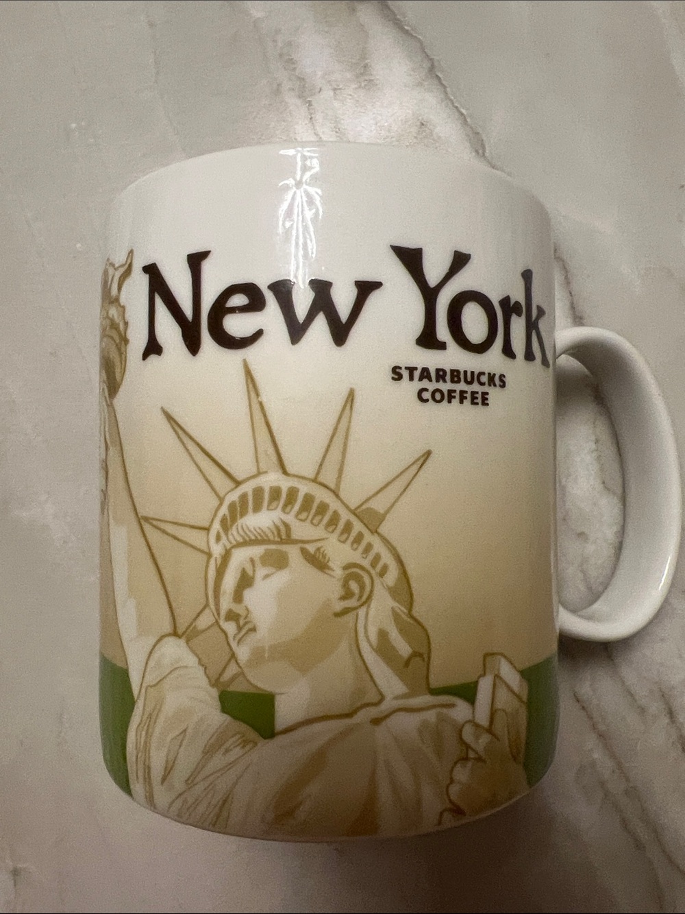 Starbucks New York Ceramic Coffee Mug, Cream w/ Green Accent, Statue of Liberty